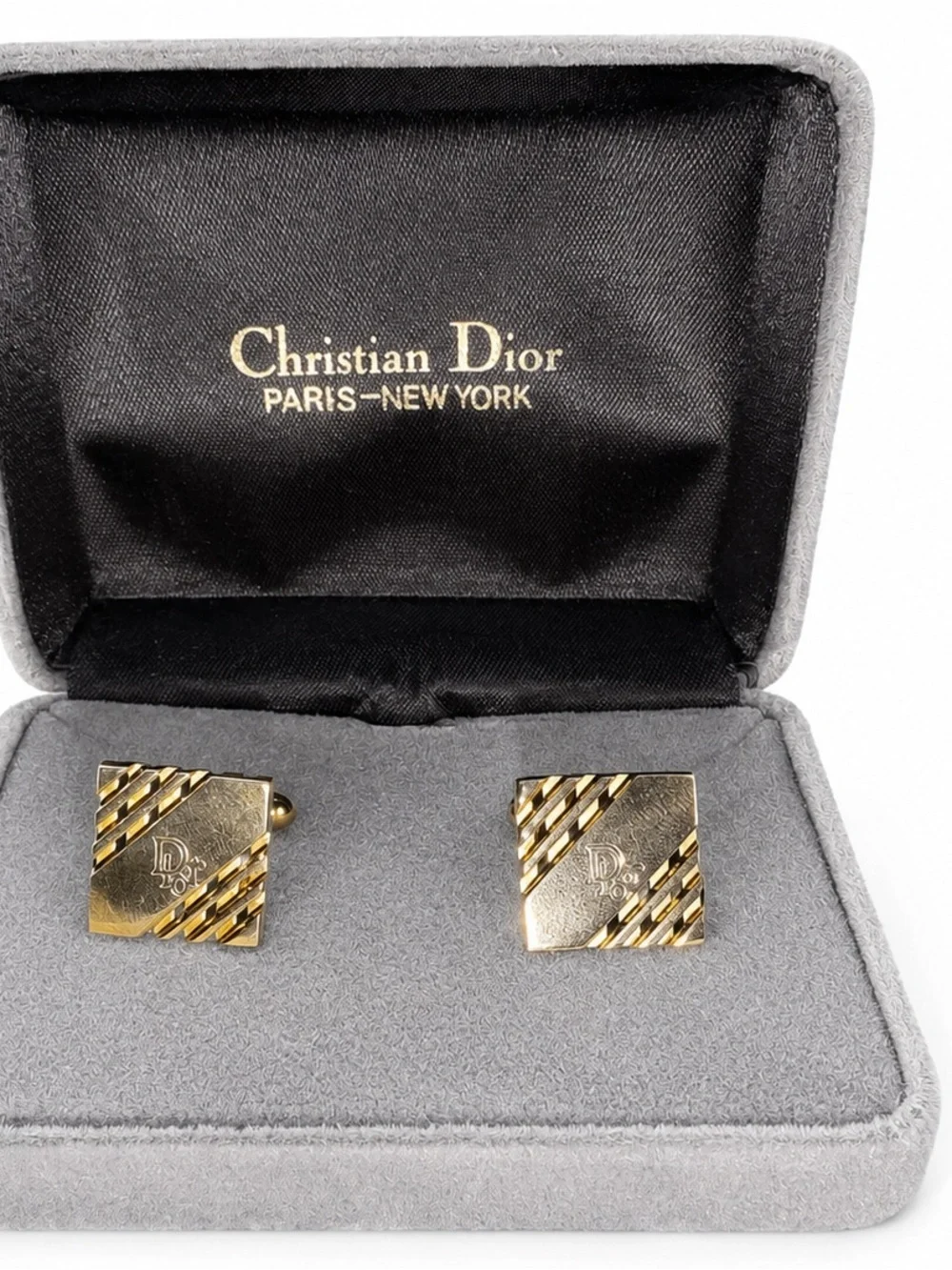 Dior Gold-Tone Square Cuff Links with Diagonal Stripes
